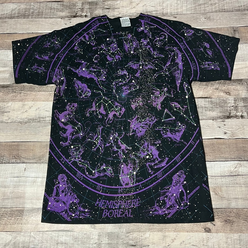 Liquid Blue Shirt Large Black Vintage 90s Constellation Stars Astrology Glow